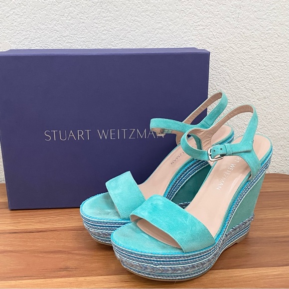 STUART WEITZMAN Single Island Embellished Rope Turquoise Suede Wedge Sandals 8.5 - Picture 2 of 16